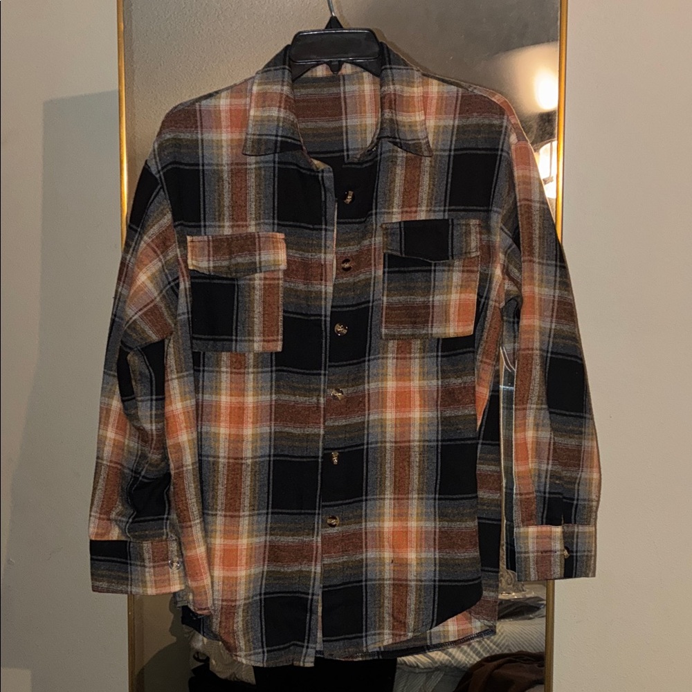 SHEIN Plaid Button Down Shirt - Black, Orange, Cream